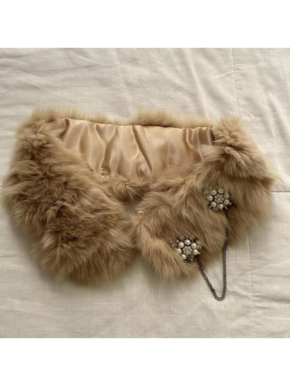 Axes Femme Camel Rabbit Fur Pearl Rhinestone Detachable Collar Japan